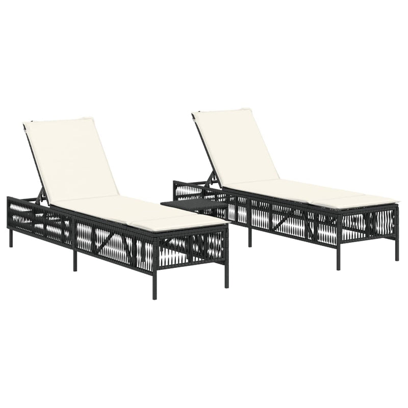 Sun Loungers 2 pcs with Table Black Poly Rattan