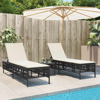 Sun Loungers 2 pcs with Table Black Poly Rattan