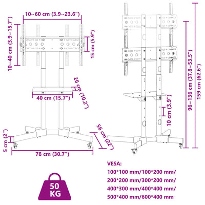 TV Stand on Wheels 32-70 Inch Screen Max VESA 600x400 mm 50kg