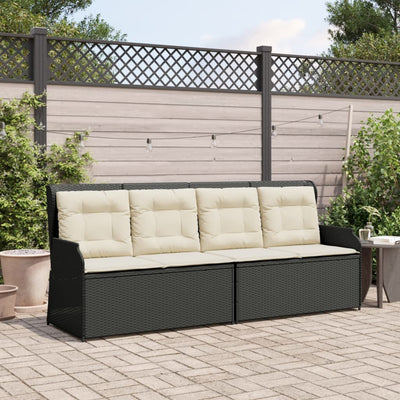 Reclining Garden Bench with Cushions Black Poly Rattan