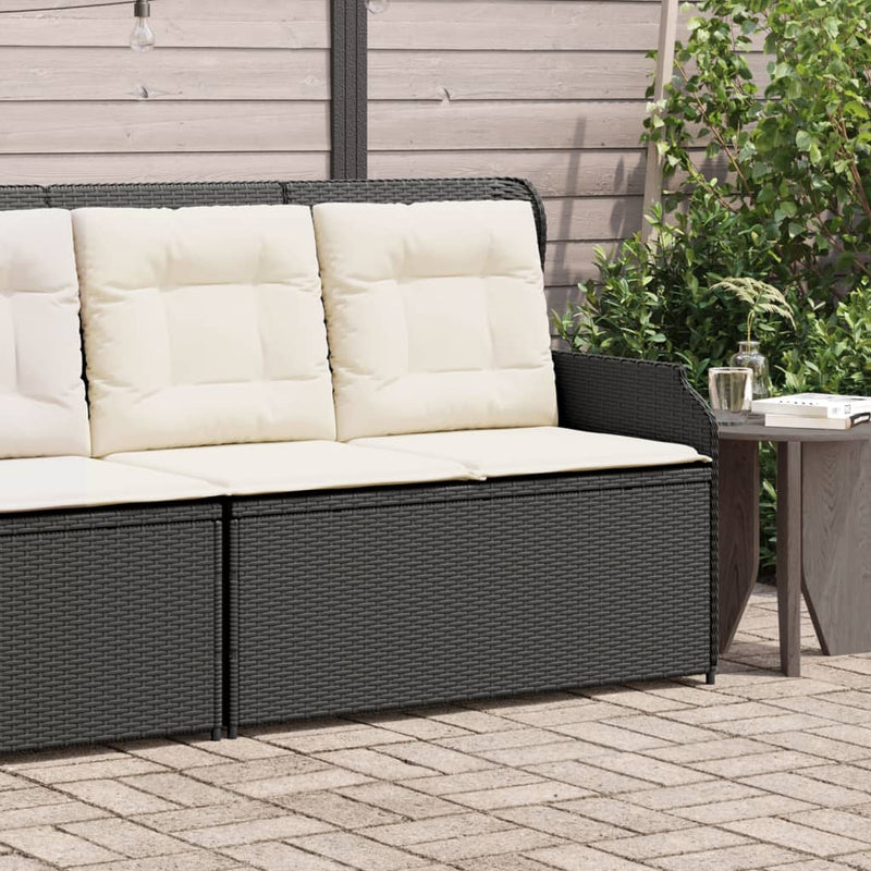 Reclining Garden Bench with Cushions Black Poly Rattan