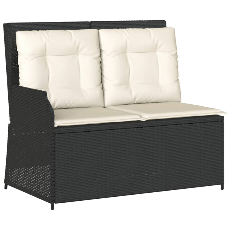 Reclining Garden Bench with Cushions Black Poly Rattan