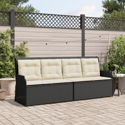 Reclining Garden Bench with Cushions Black Poly Rattan