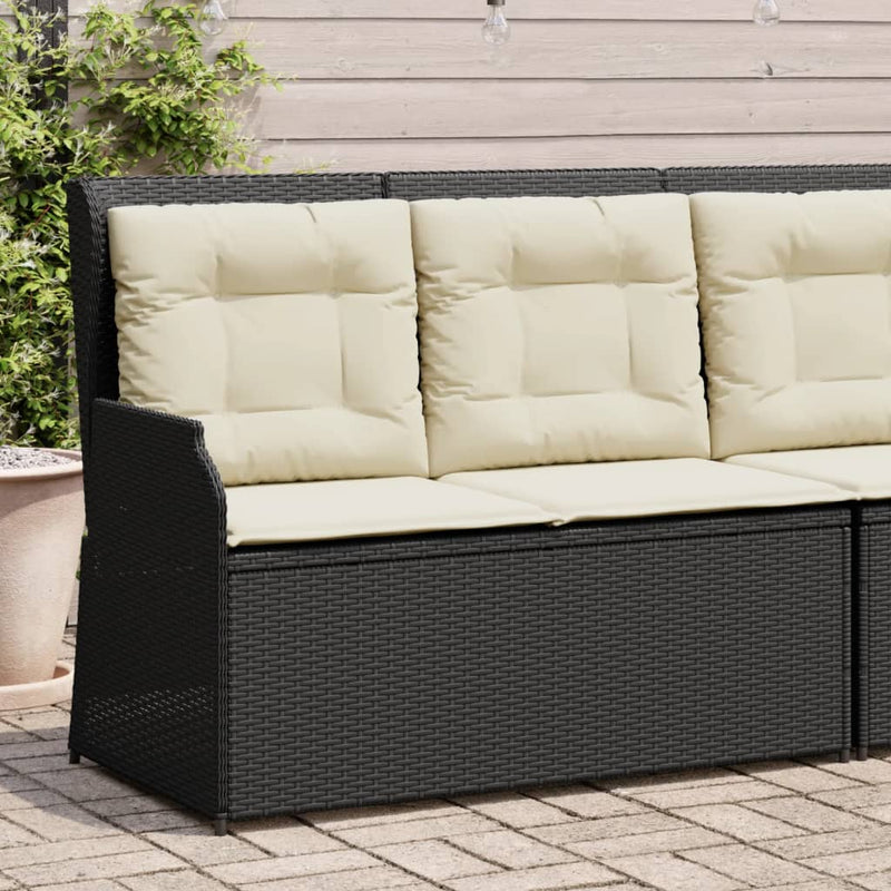 Reclining Garden Bench with Cushions Black Poly Rattan