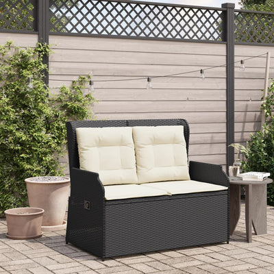 Reclining Garden Bench with Cushions Black Poly Rattan