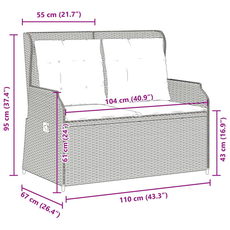 Reclining Garden Bench with Cushions Grey Poly Rattan