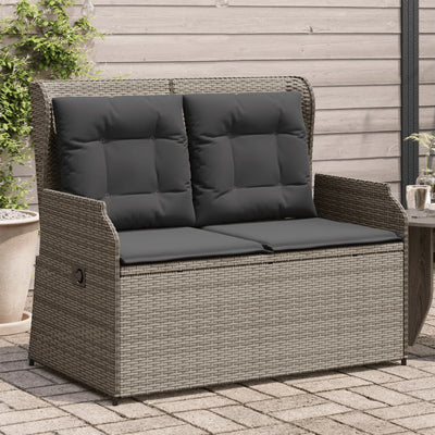 Reclining Garden Bench with Cushions Grey Poly Rattan