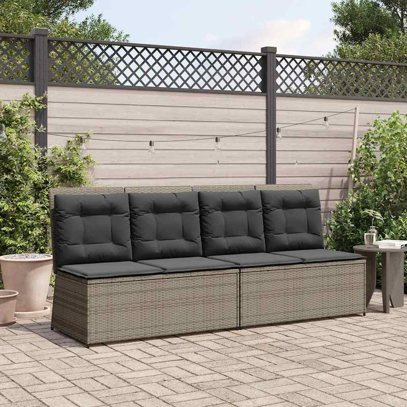 Reclining Garden Bench with Cushions Grey Poly Rattan