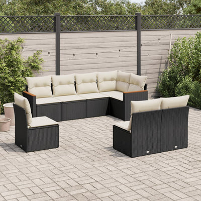 8 Piece Garden Sofa Set with Cushions Black Poly Rattan