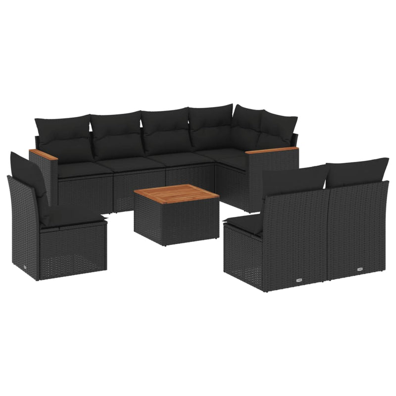 9 Piece Garden Sofa Set with Cushions Black Poly Rattan