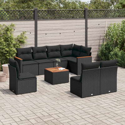 9 Piece Garden Sofa Set with Cushions Black Poly Rattan