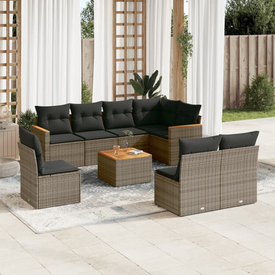 9 Piece Garden Sofa Set with Cushions Grey Poly Rattan