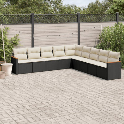 9 Piece Garden Sofa Set with Cushions Black Poly Rattan