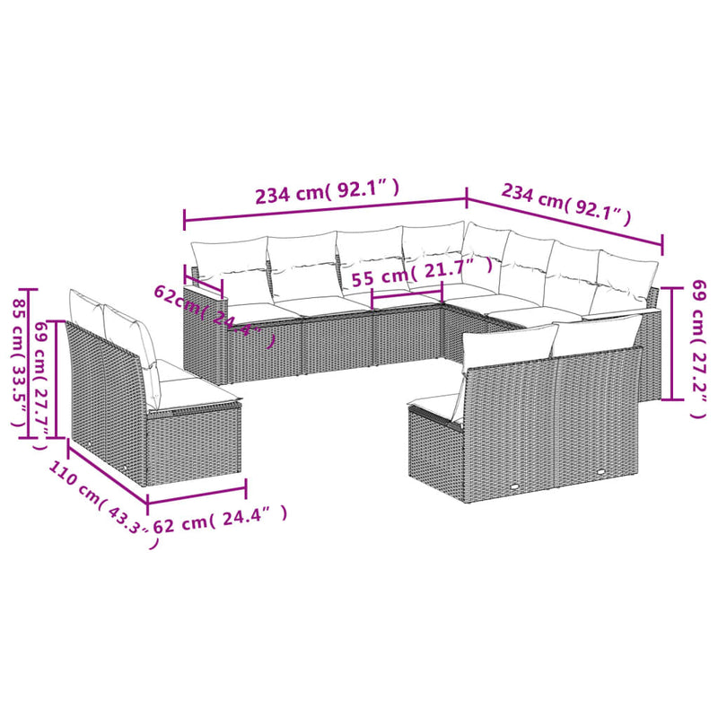 11 Piece Garden Sofa Set with Cushions Mix Beige Poly Rattan