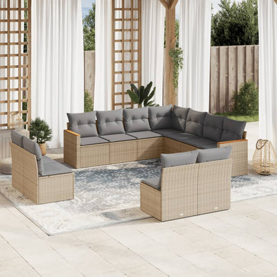 11 Piece Garden Sofa Set with Cushions Mix Beige Poly Rattan