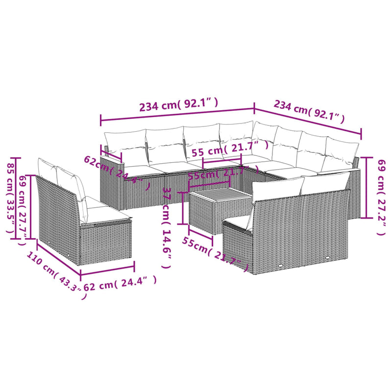 12 Piece Garden Sofa Set with Cushions Mix Beige Poly Rattan