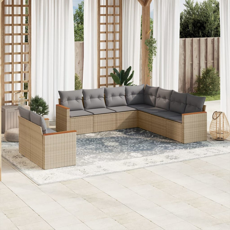 9 Piece Garden Sofa Set with Cushions Mix Beige Poly Rattan