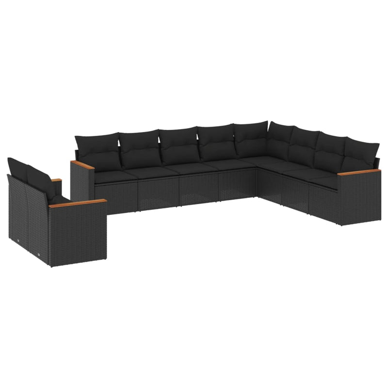 10 Piece Garden Sofa Set with Cushions Black Poly Rattan