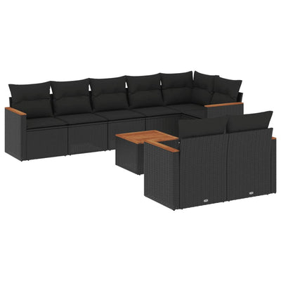 9 Piece Garden Sofa Set with Cushions Black Poly Rattan