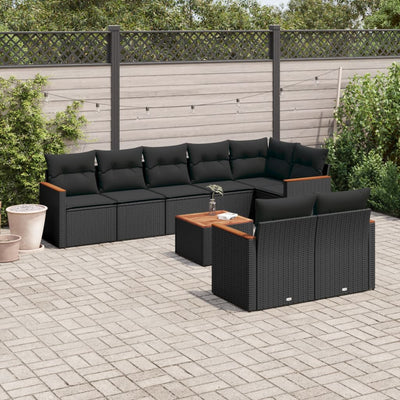 9 Piece Garden Sofa Set with Cushions Black Poly Rattan