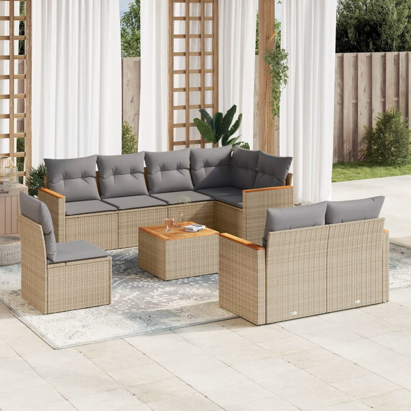 9 Piece Garden Sofa Set with Cushions Mix Beige Poly Rattan