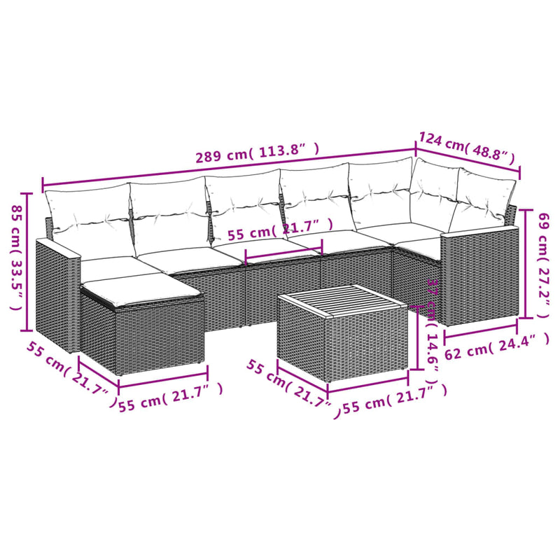 8 Piece Garden Sofa Set with Cushions Grey Poly Rattan