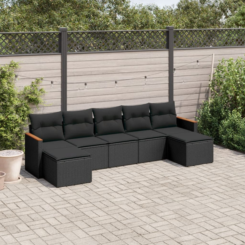 7 Piece Garden Sofa Set with Cushions Black Poly Rattan