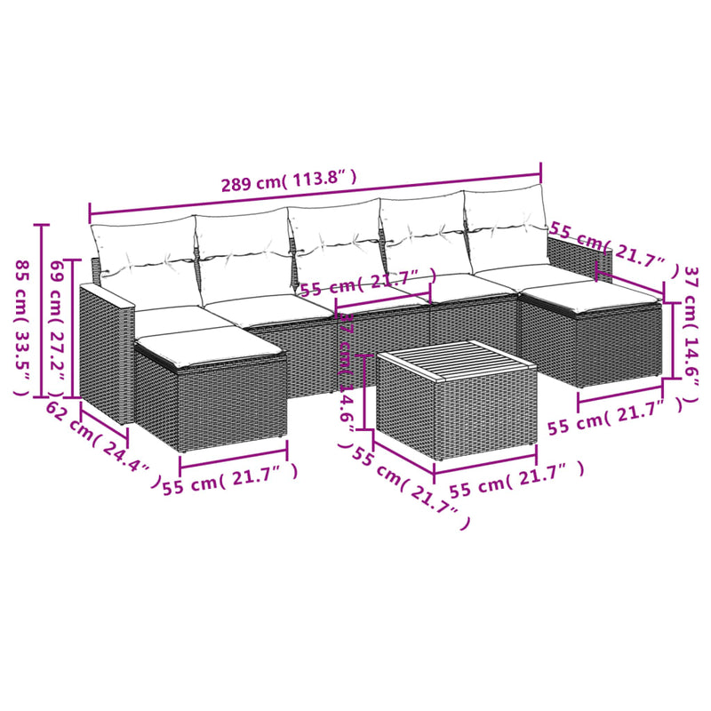 8 Piece Garden Sofa Set with Cushions Grey Poly Rattan