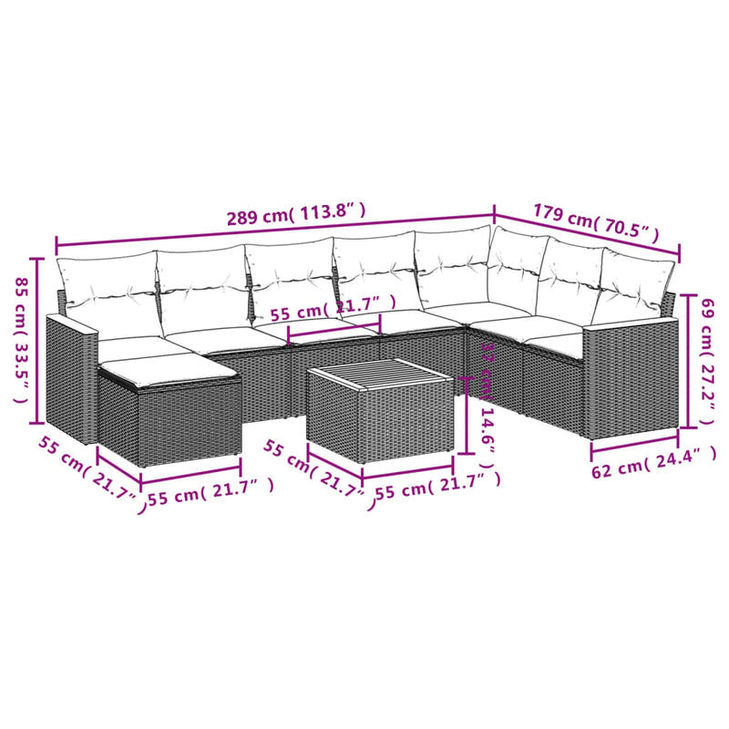 9 Piece Garden Sofa Set with Cushions Grey Poly Rattan