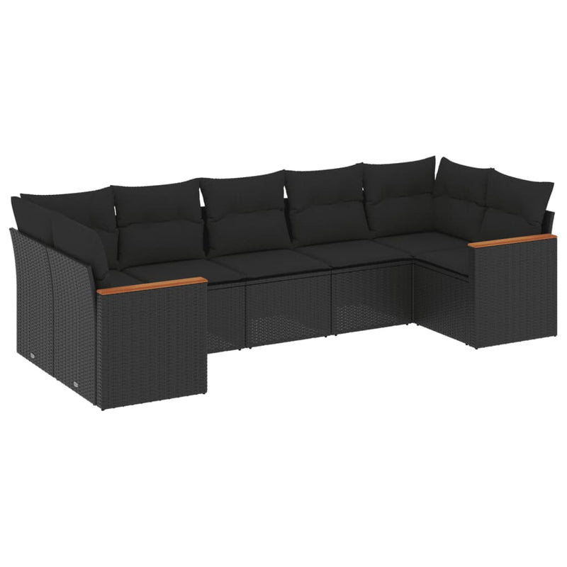 7 Piece Garden Sofa Set with Cushions Black Poly Rattan