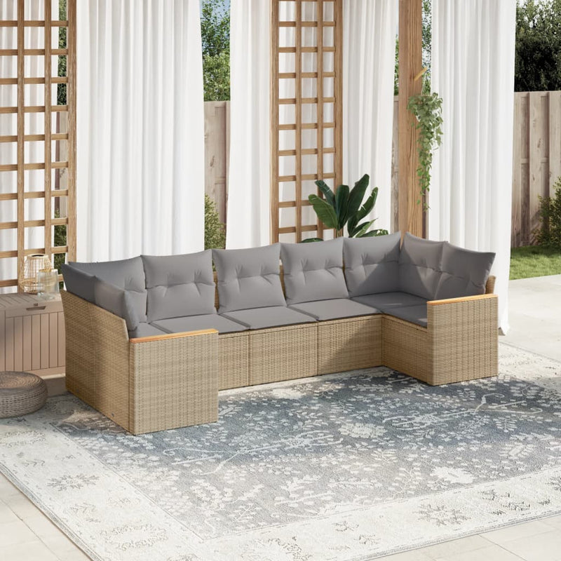 7 Piece Garden Sofa Set with Cushions Mix Beige Poly Rattan