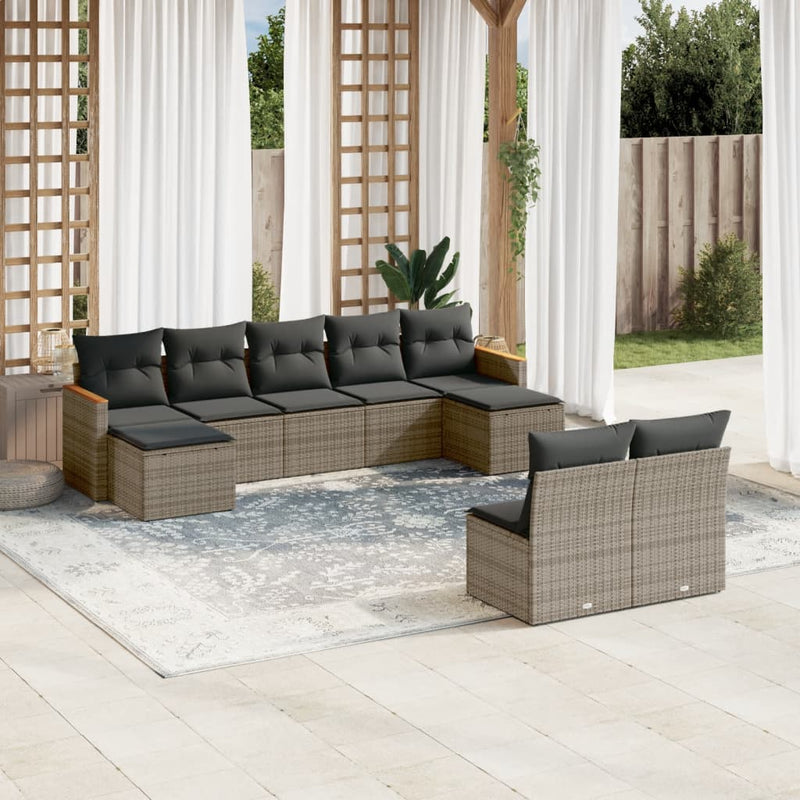 9 Piece Garden Sofa Set with Cushions Grey Poly Rattan