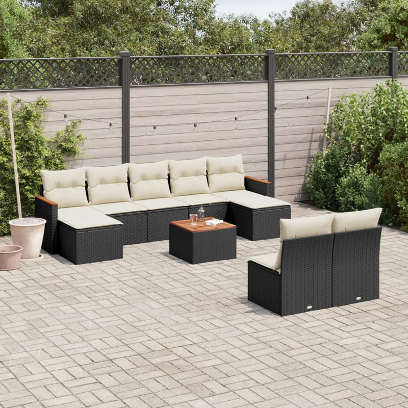 10 Piece Garden Sofa Set with Cushions Black Poly Rattan