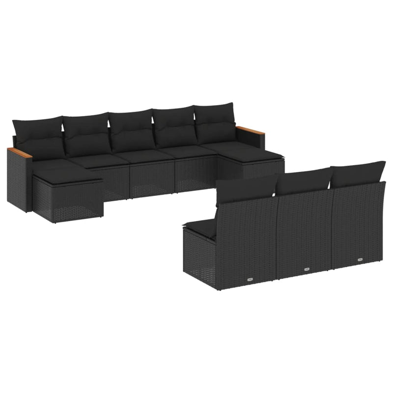 10 Piece Garden Sofa Set with Cushions Black Poly Rattan