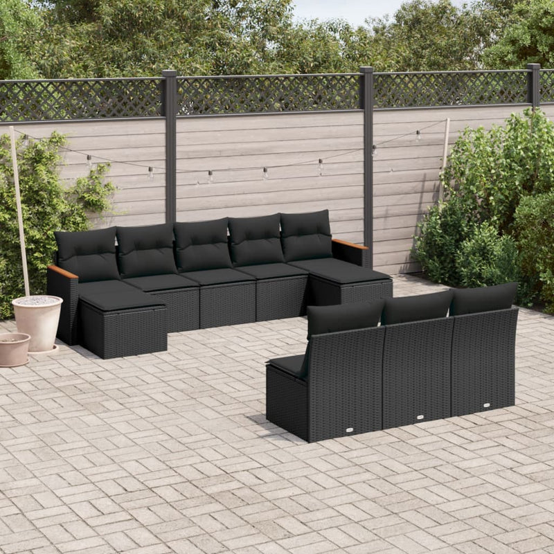 10 Piece Garden Sofa Set with Cushions Black Poly Rattan