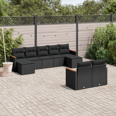 9 Piece Garden Sofa Set with Cushions Black Poly Rattan