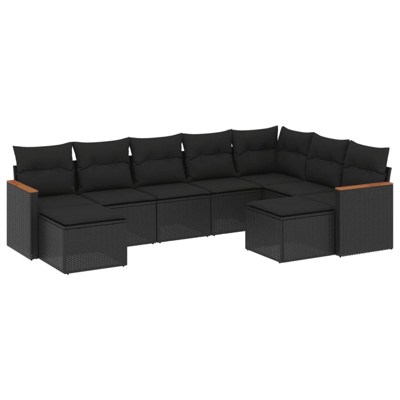 9 Piece Garden Sofa Set with Cushions Black Poly Rattan