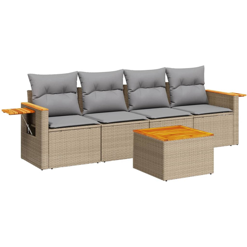 5 Piece Garden Sofa Set with Cushions Beige Poly Rattan