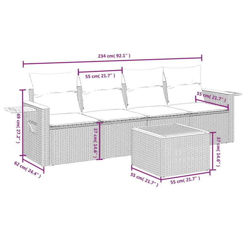 5 Piece Garden Sofa Set with Cushions Beige Poly Rattan