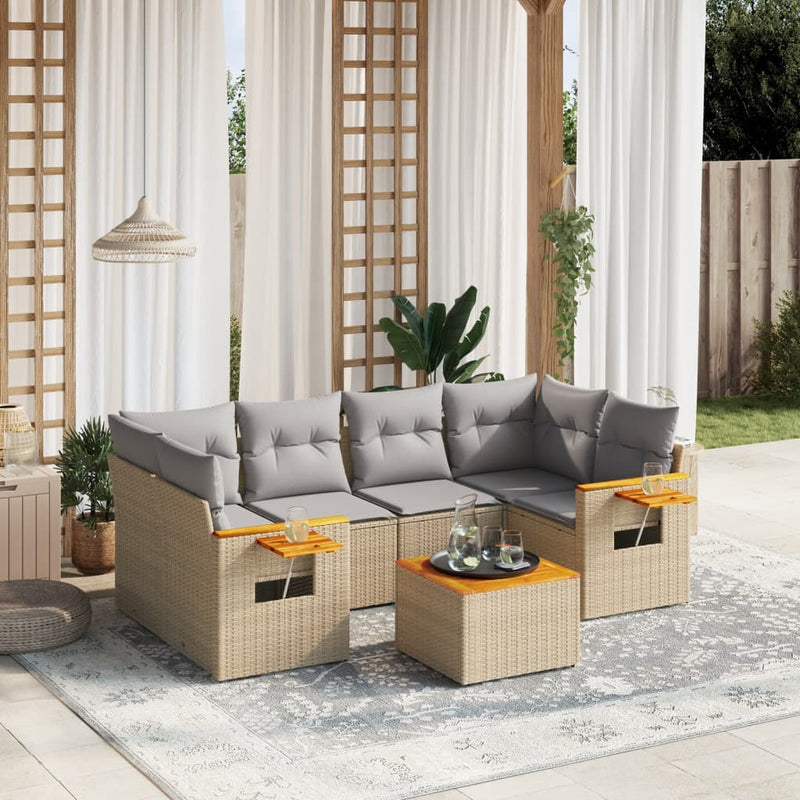 7 Piece Garden Sofa Set with Cushions Beige Poly Rattan