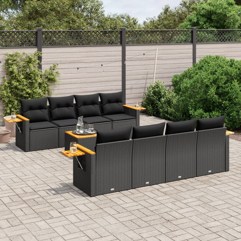 9 Piece Garden Sofa Set with Cushions Black Poly Rattan