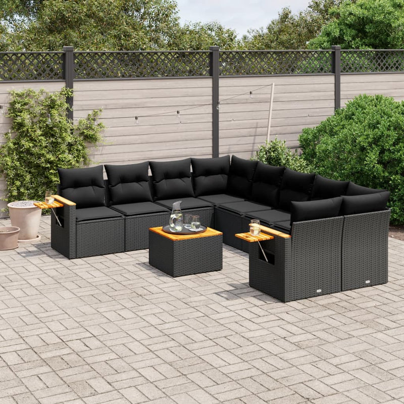 9 Piece Garden Sofa Set with Cushions Black Poly Rattan