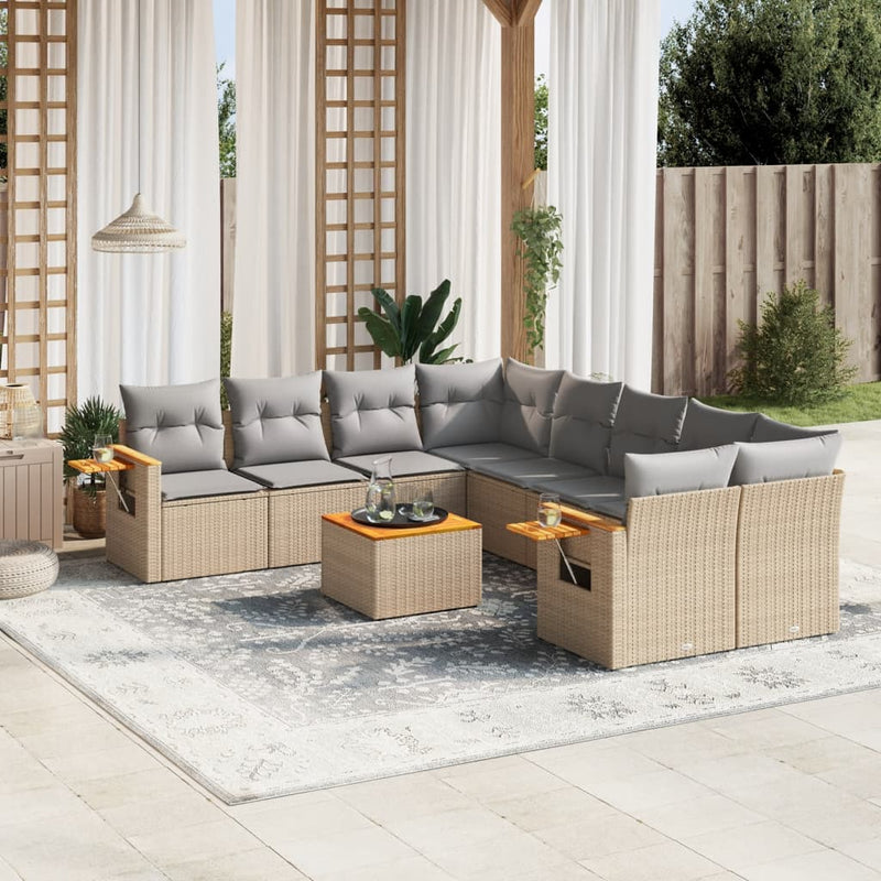 9 Piece Garden Sofa Set with Cushions Beige Poly Rattan