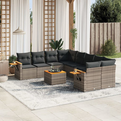 9 Piece Garden Sofa Set with Cushions Grey Poly Rattan