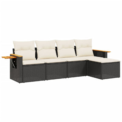 5 Piece Garden Sofa Set with Cushions Black Poly Rattan