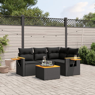 5 Piece Garden Sofa Set with Cushions Black Poly Rattan