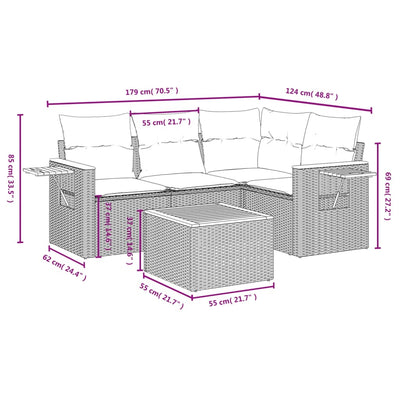 5 Piece Garden Sofa Set with Cushions Beige Poly Rattan