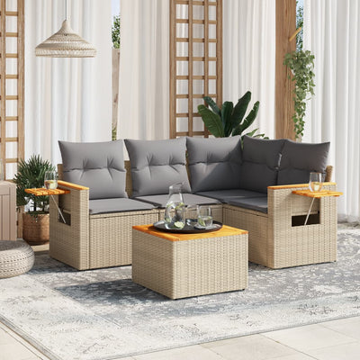 5 Piece Garden Sofa Set with Cushions Beige Poly Rattan