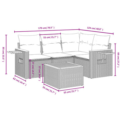 5 Piece Garden Sofa Set with Cushions Grey Poly Rattan