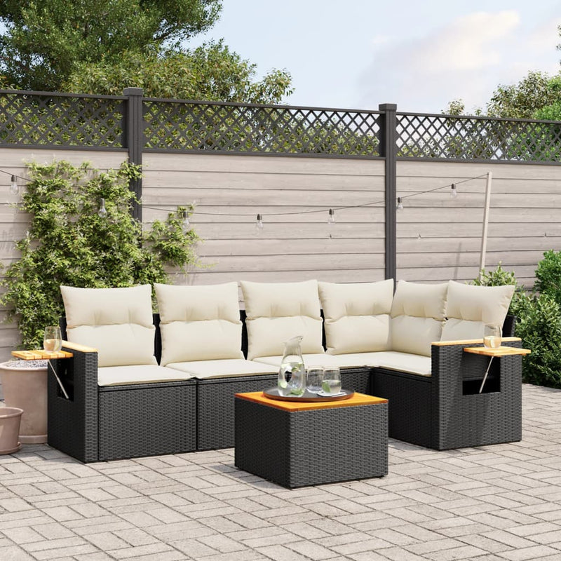 6 Piece Garden Sofa Set with Cushions Black Poly Rattan